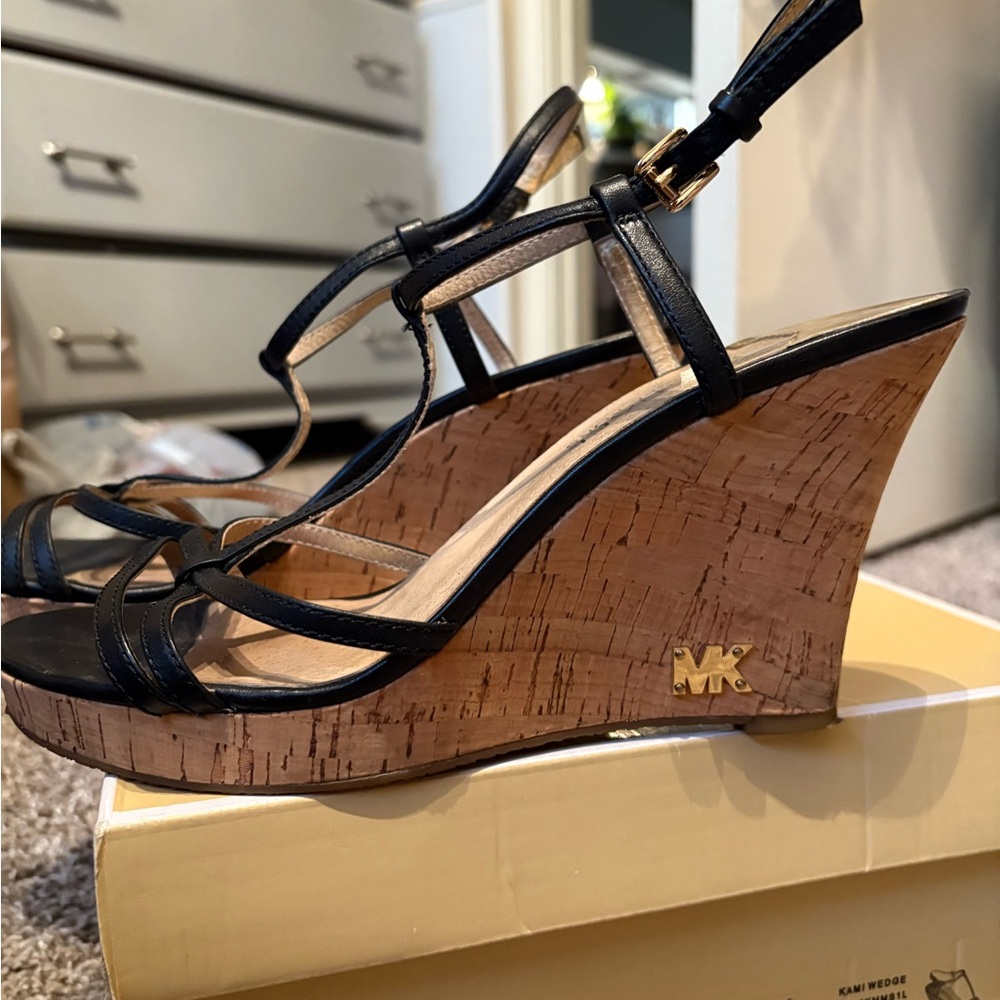 Michael Kors Black Leather T-Strap Cork Wedge Sandals